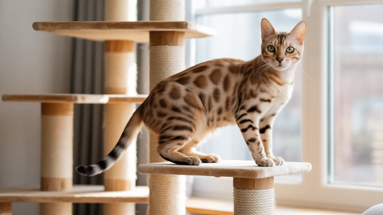 A beautiful Bengal cat perched on a multi-level wooden cat tree near a window