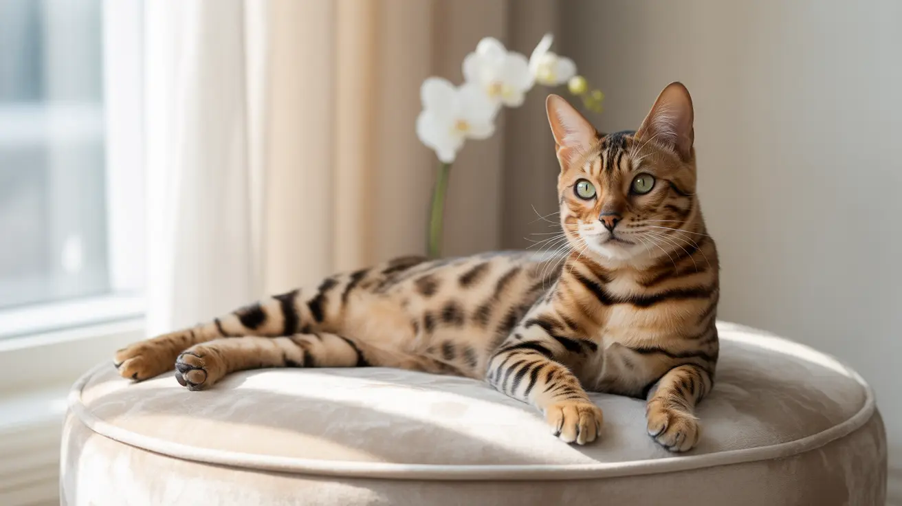壮麗なベンガル猫がやわらかい丸いクッションの上で優雅にくつろぎ、窓辺には蘭の花が背景にある様子
