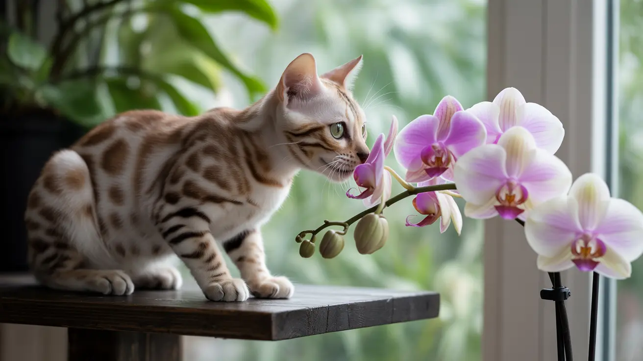 A Bengal cat curiously examining a delicate pink and white orchid flower near a window.