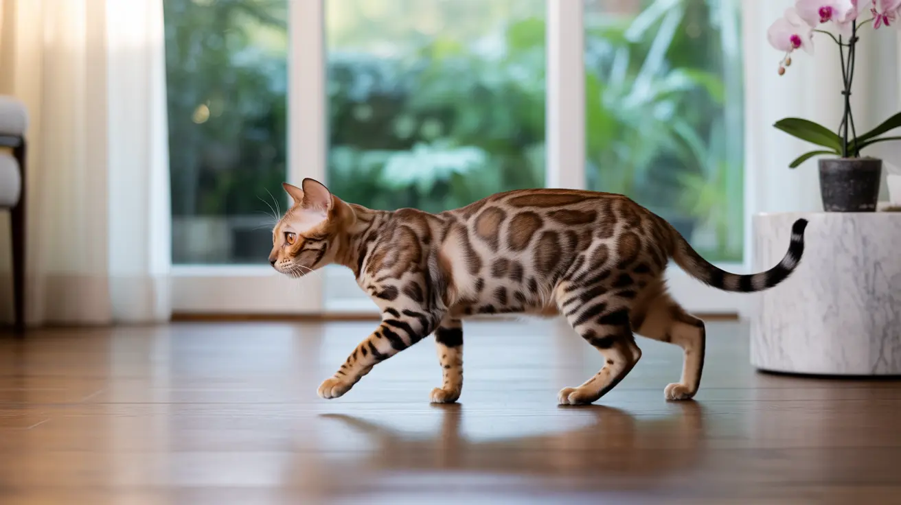 ベンガル猫が大きな窓のそばの木製の床を歩いており、外には緑が広がっている様子