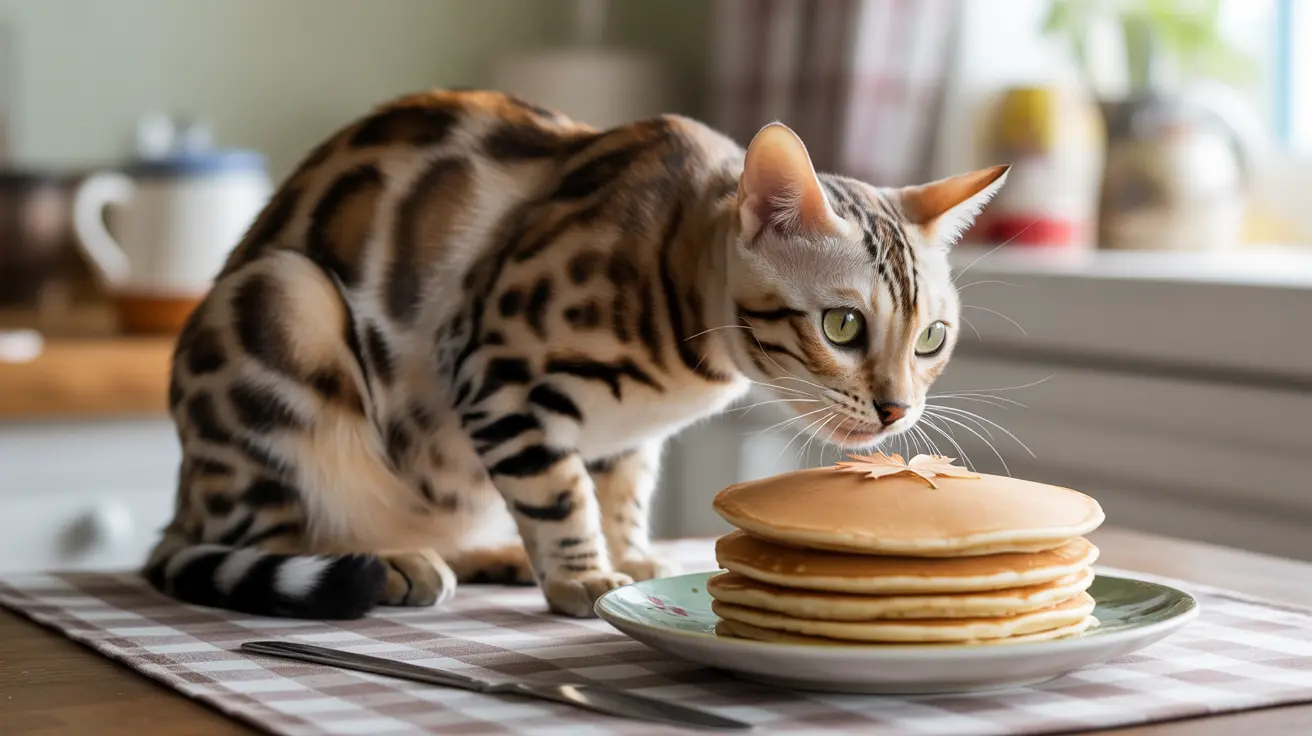 A Bengal cat intently examining a stack of pancakes on a plate in a kitchen setting