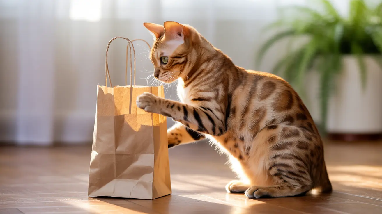 A Bengal cat curiously investigating a brown paper shopping bag in a sunlit room