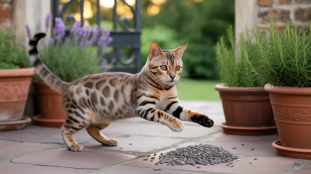 Bengal cat on patio near terracotta pots and scattered seeds
