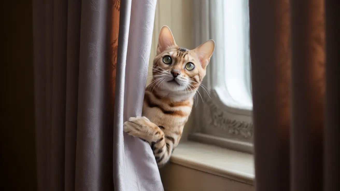 A Bengal cat peeking out from behind a gray curtain near a window