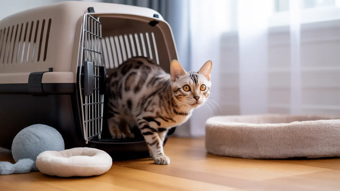 A Bengal cat emerging from a pet carrier with a soft pet bed nearby