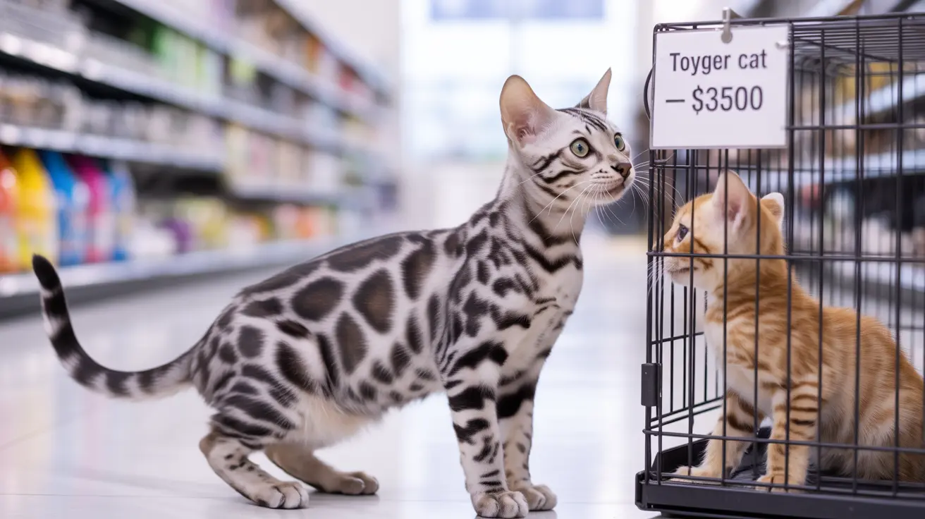 A striking Bengal cat with silver and black leopard-like markings standing near a pet store cage with an orange cat inside