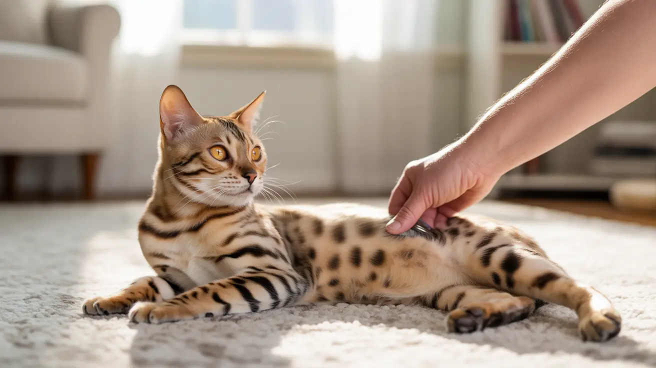 ベンガル猫がカーペットの上でリラックスし、手でやさしくなでられている様子