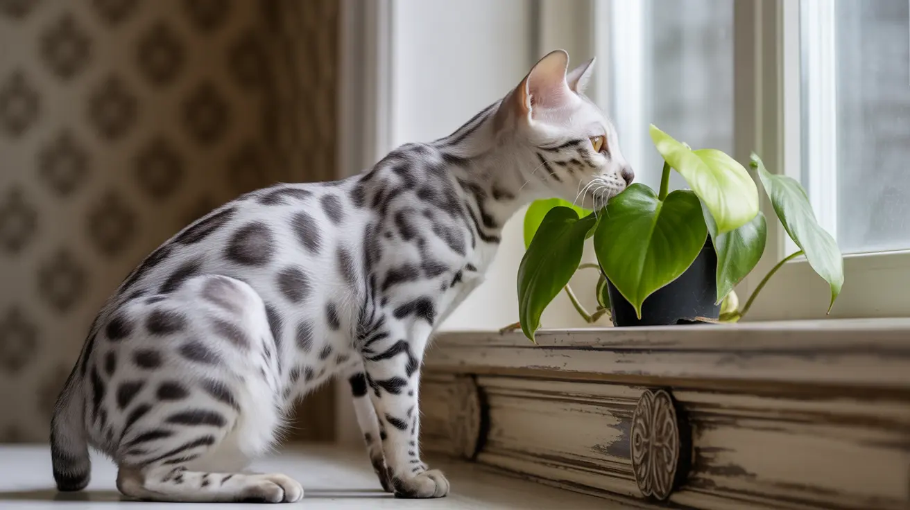 A silver and white spotted Bengal cat examining a green houseplant on a windowsill