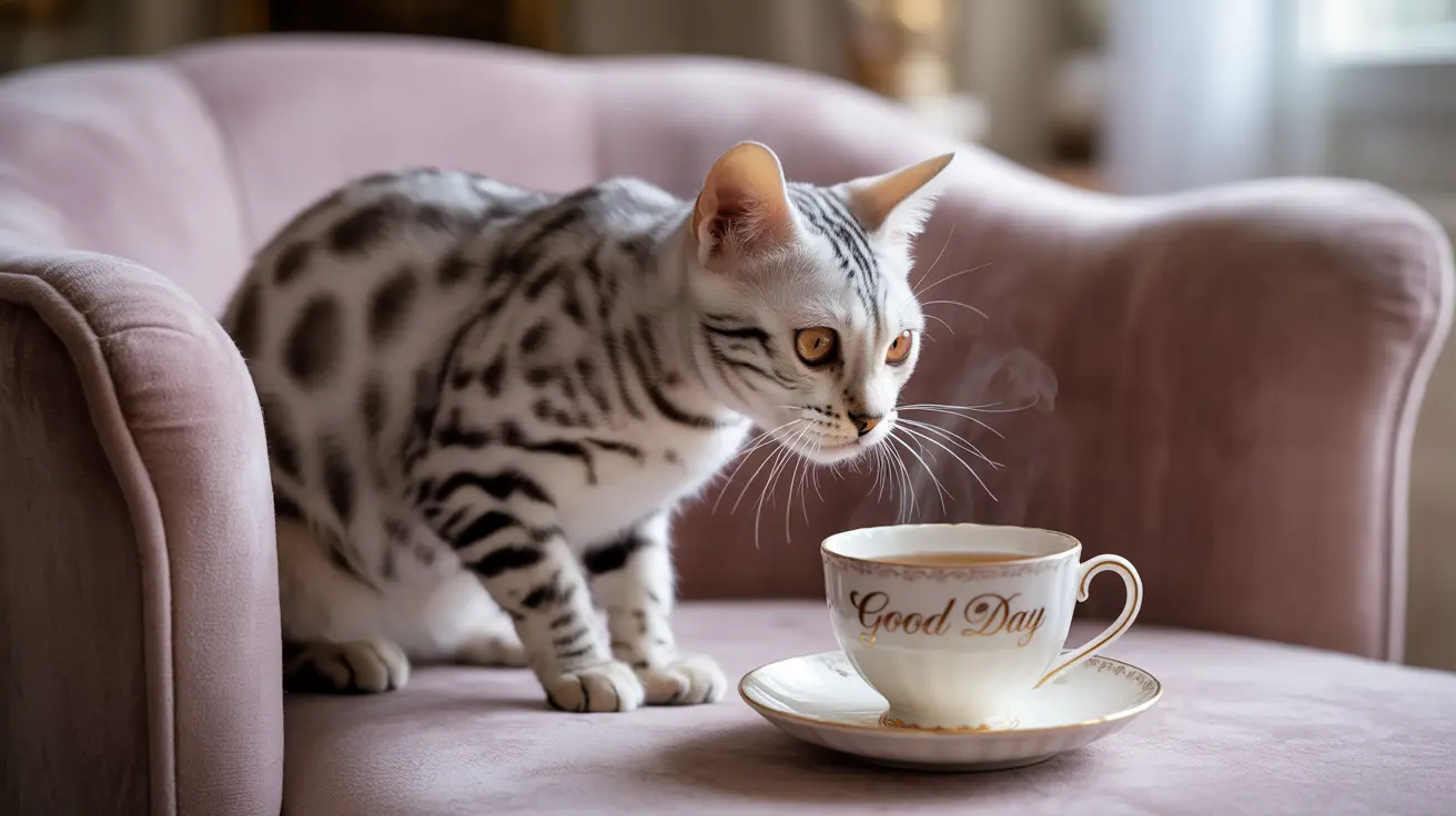 Silver and black spotted Bengal cat sitting on a pink armchair next to a 'Good Day' coffee cup
