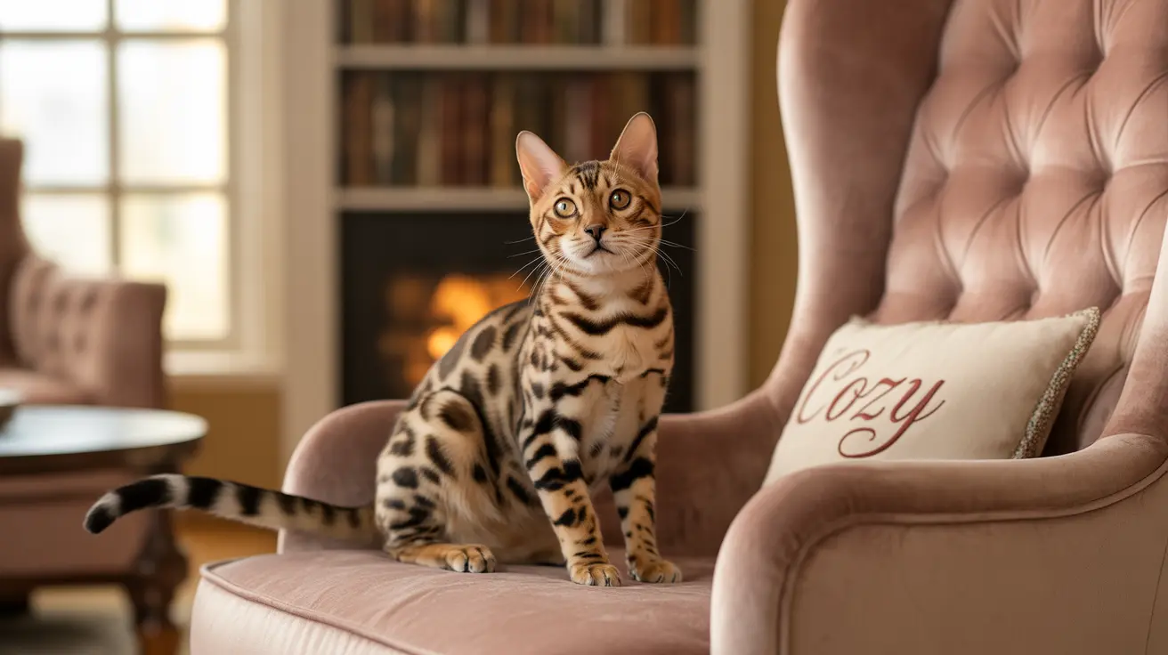 A striking Bengal cat sitting alertly on a pink armchair in a cozy living room
