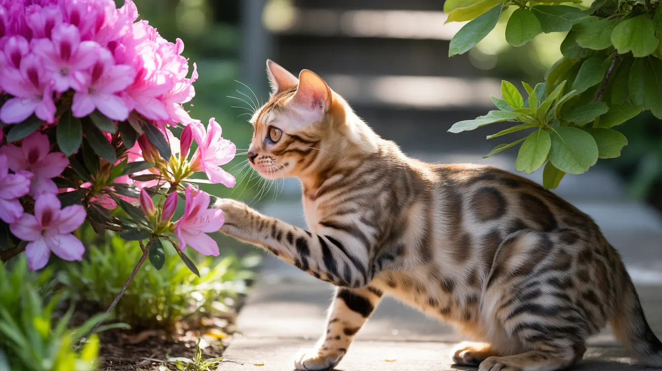 ベンガル猫が庭で鮮やかなピンク色の花に好奇心を持って前足を伸ばしている様子