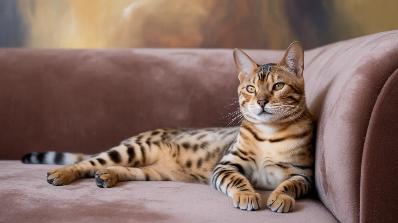 A Bengal cat lounging elegantly on a soft pink couch, displaying its distinctive tiger-like striped coat.