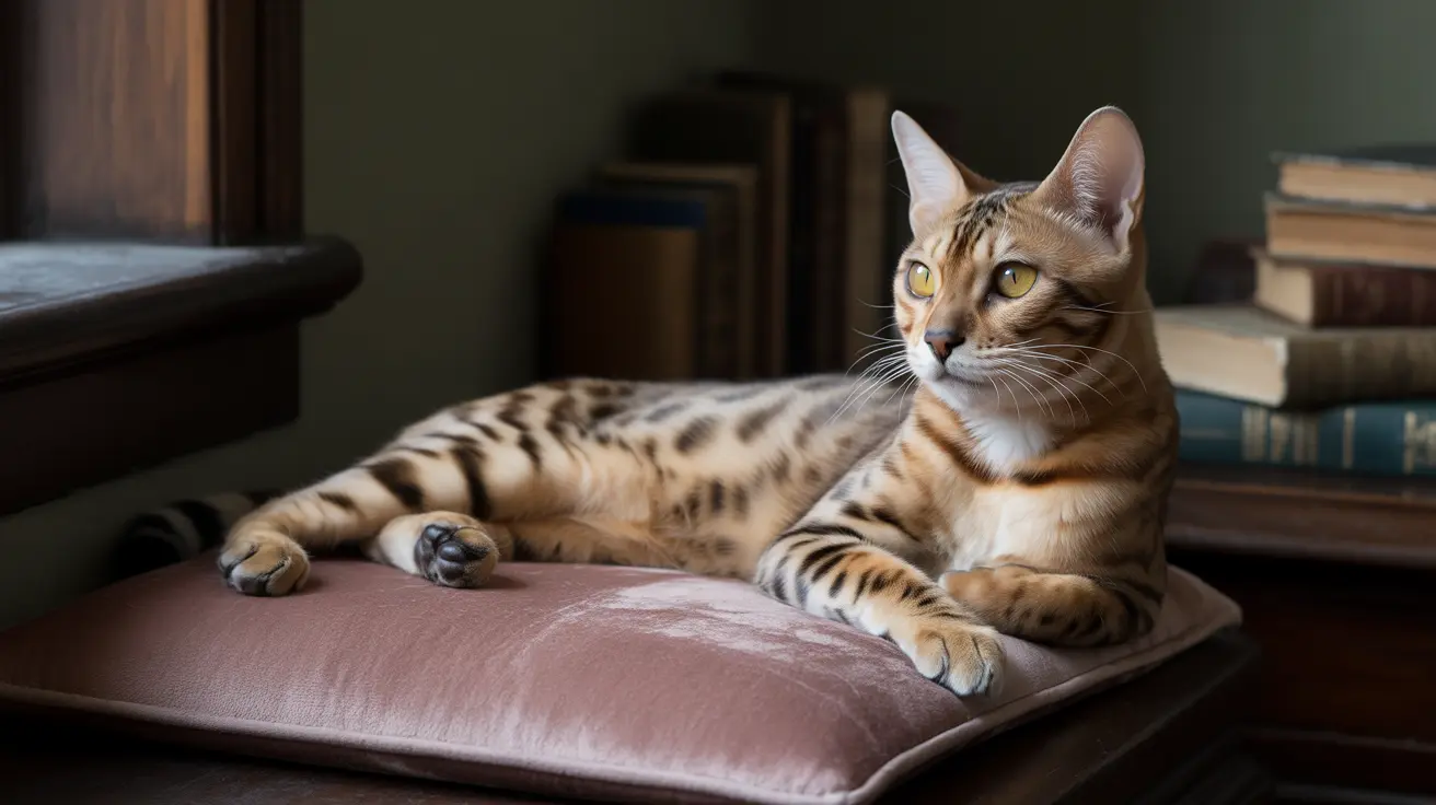 A stunning Bengal cat with tiger-like markings on a plush pink cushion near books