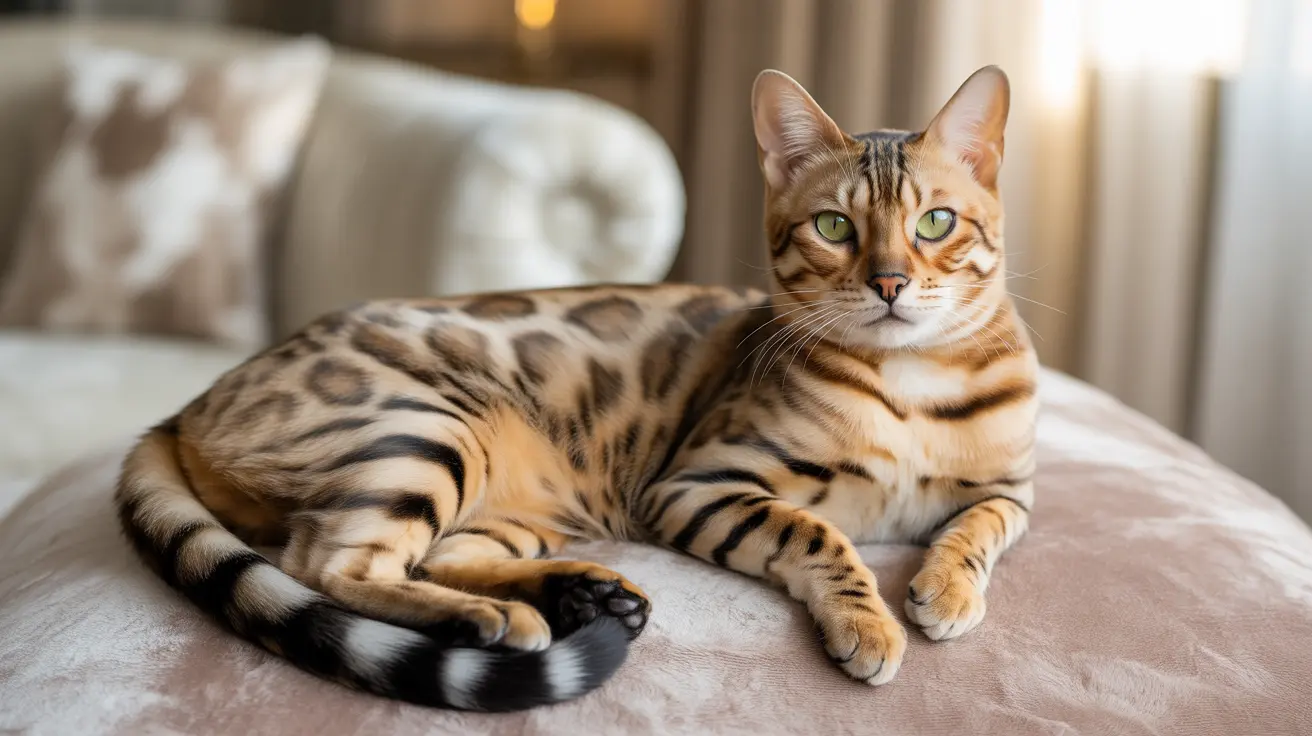 A Bengal cat with a leopard-like spotted coat resting on a plush cushion.