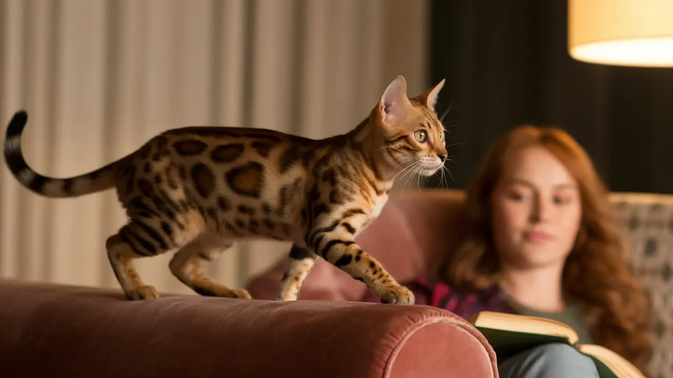 A Bengal cat walking across a pink velvet armchair with a person reading in the background