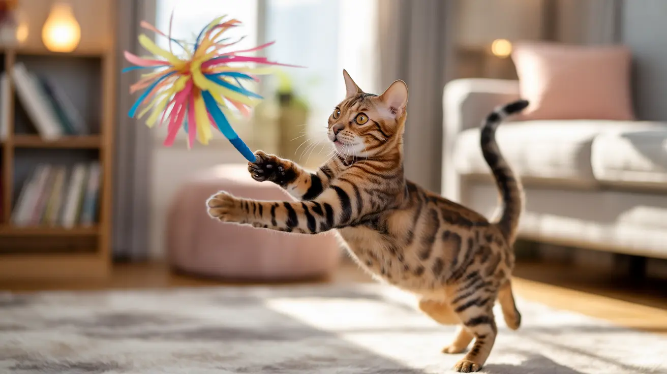 Bengal cat playing with a colorful feather wand toy in a cozy living room