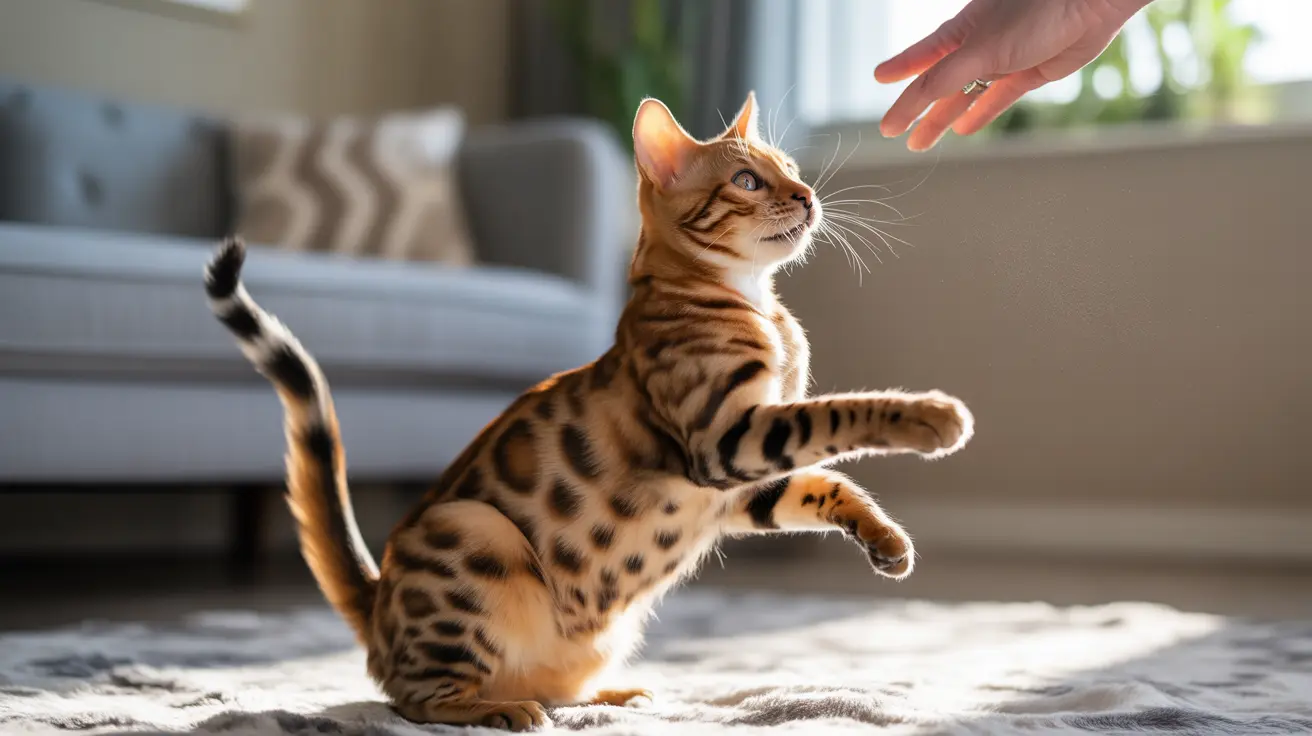 Un gato bengalí juguetón sentado erguido sobre una alfombra suave, mirando hacia arriba a una mano que se acerca.