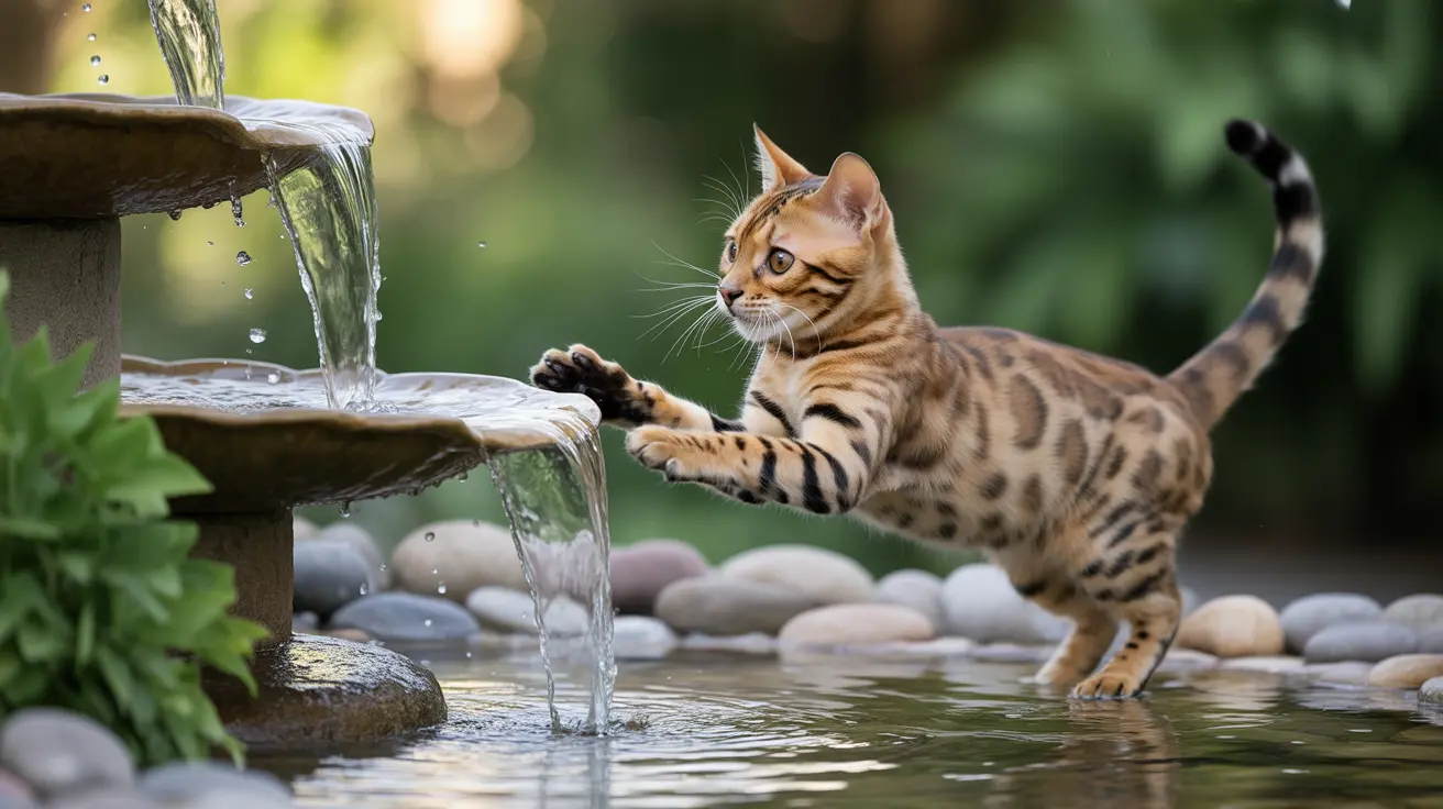 A Bengal cat playfully reaching towards a water fountain in a serene garden setting