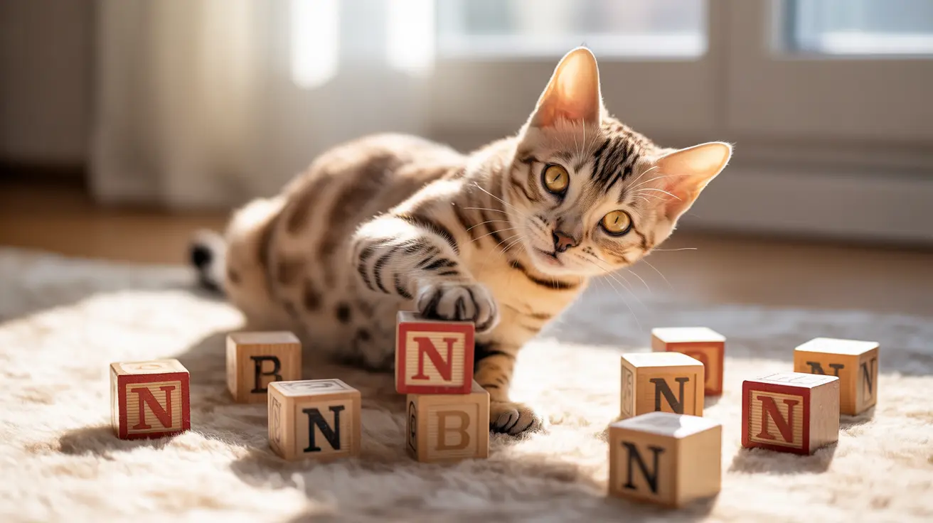 Bengal cat lying on a soft carpet surrounded by wooden alphabet blocks, looking playful and curious