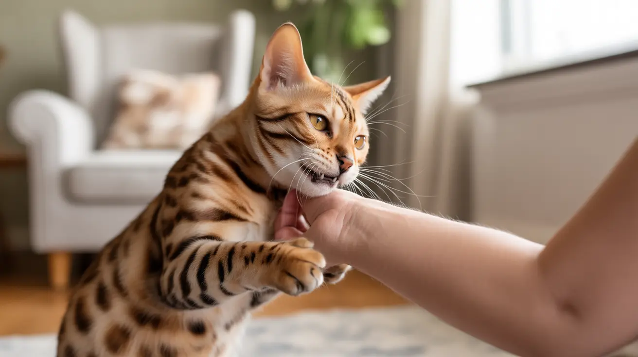 A Bengal cat playfully holding onto a human's hand with its paw inside a cozy living room setting