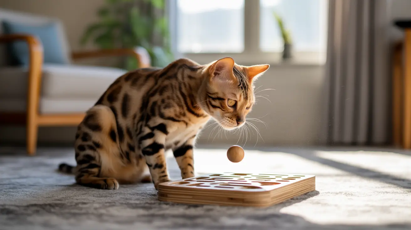 Bengal cat playing with a small ball near a wooden board game on a sunlit indoor floor