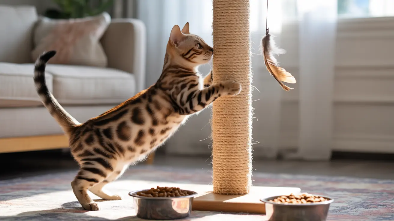 A Bengal cat playing with a feather near a scratching post, food bowls in front
