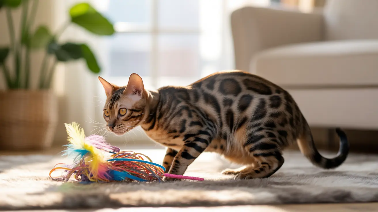 Un gato bengalí jugando con un juguete de plumas coloridas sobre una alfombra suave cerca de una ventana y una planta interior