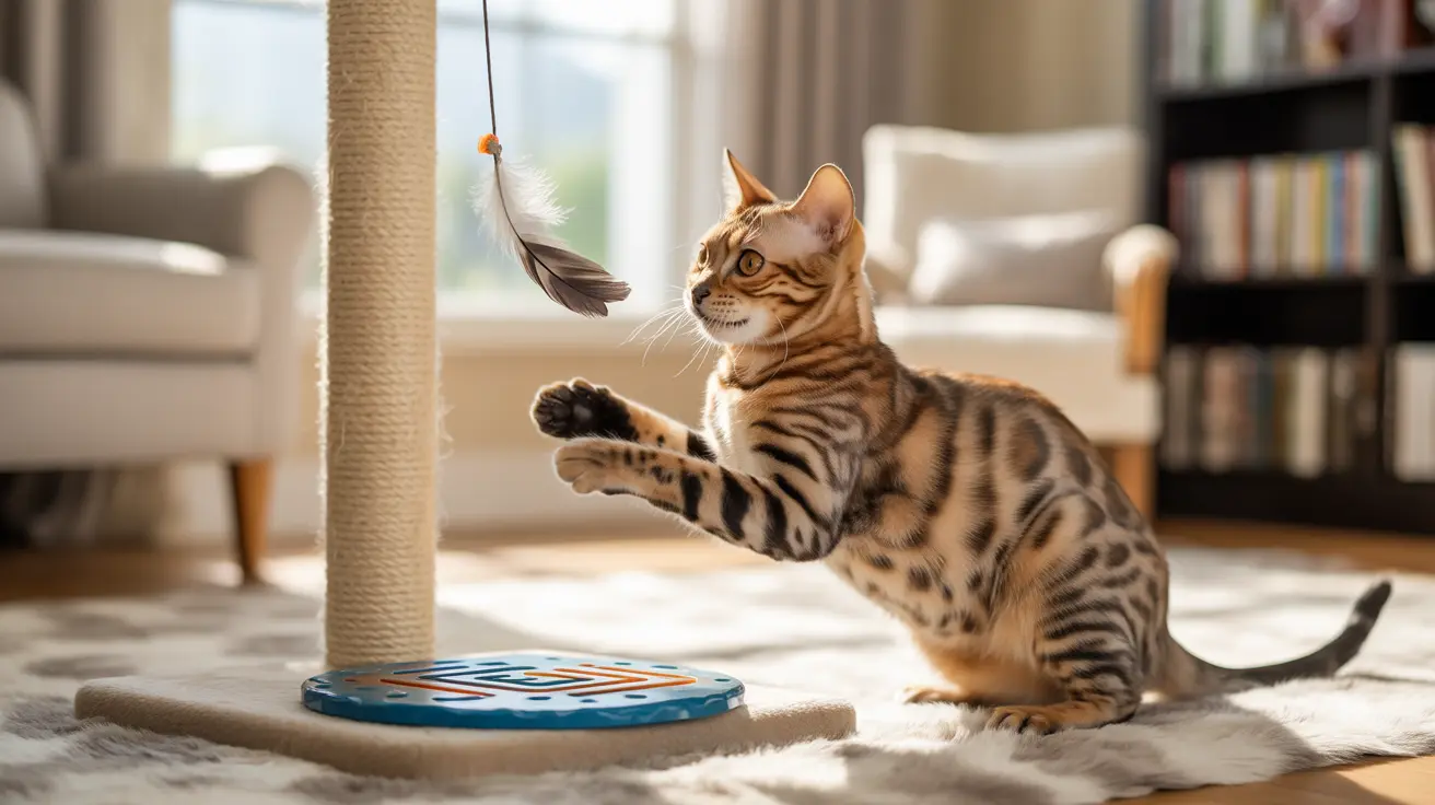 A Bengal cat playing with a feather toy on a cat scratching post in a bright, cozy living room