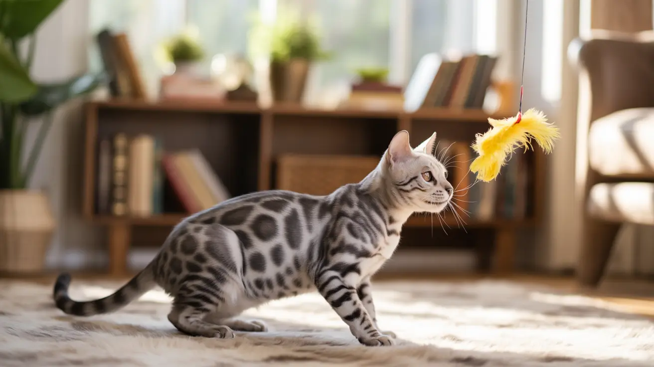 A Bengal cat playing with a yellow feather toy in a bright, cozy living room