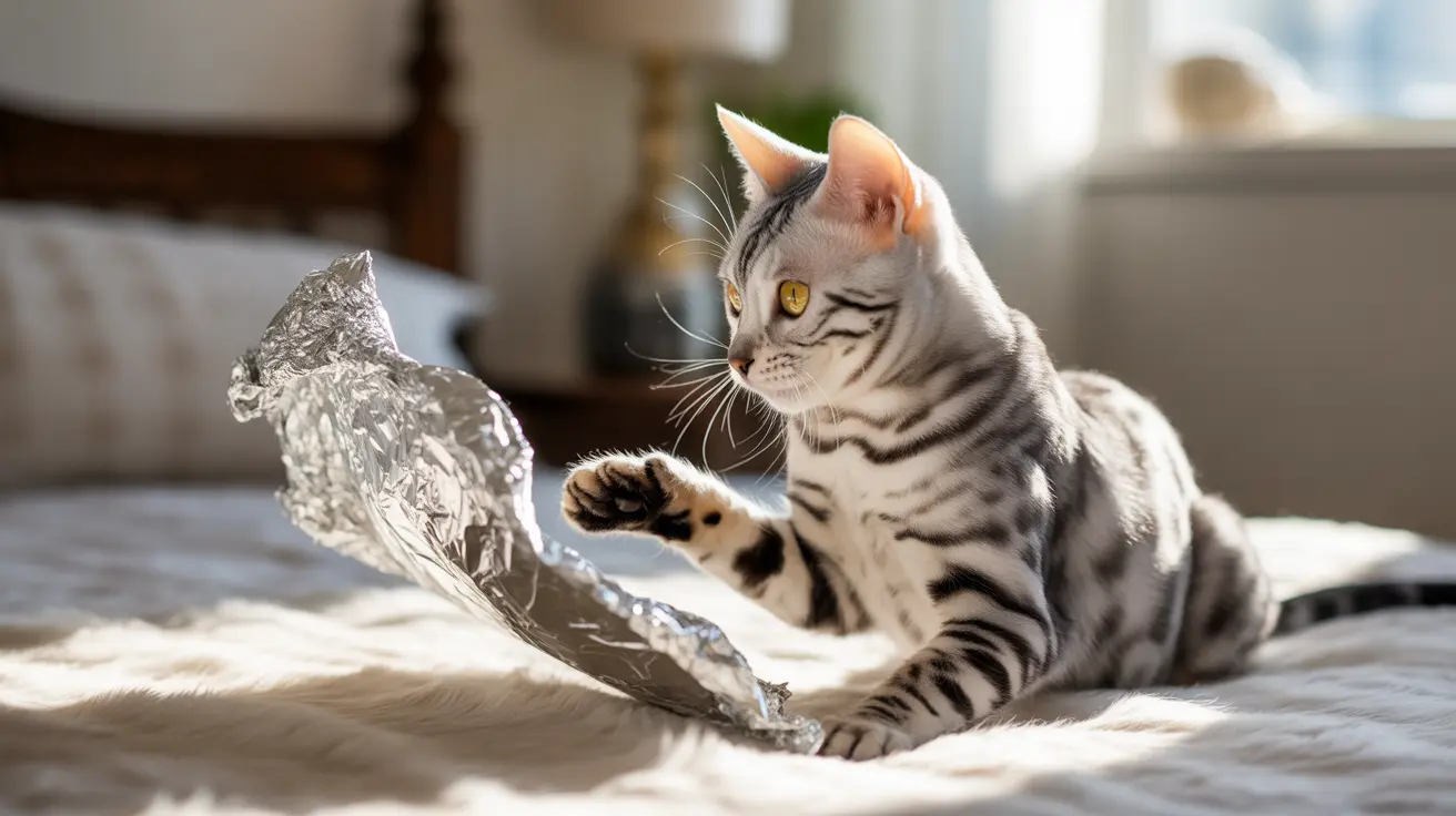 A Bengal cat playing with a crumpled piece of aluminum foil on a soft bed