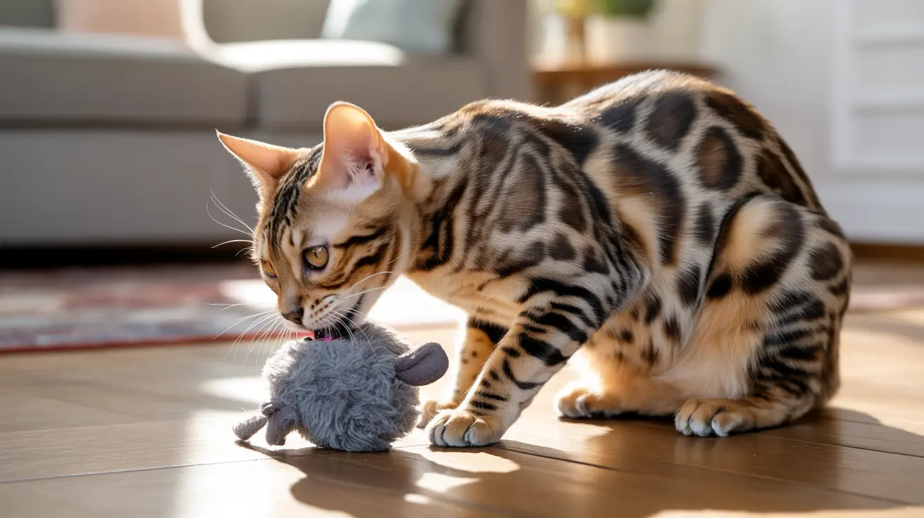 Un chat Bengal jouant avec un jouet gris pelucheux sur un sol en bois dans une pièce ensoleillée