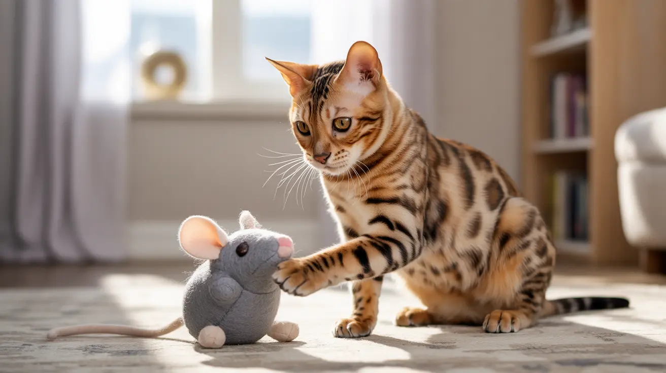 A Bengal cat playing with a soft gray mouse toy on a carpet near a window