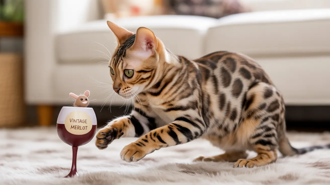 Bengal cat playing with a tiny mouse near a wine glass labeled 'Vintage Merlot'