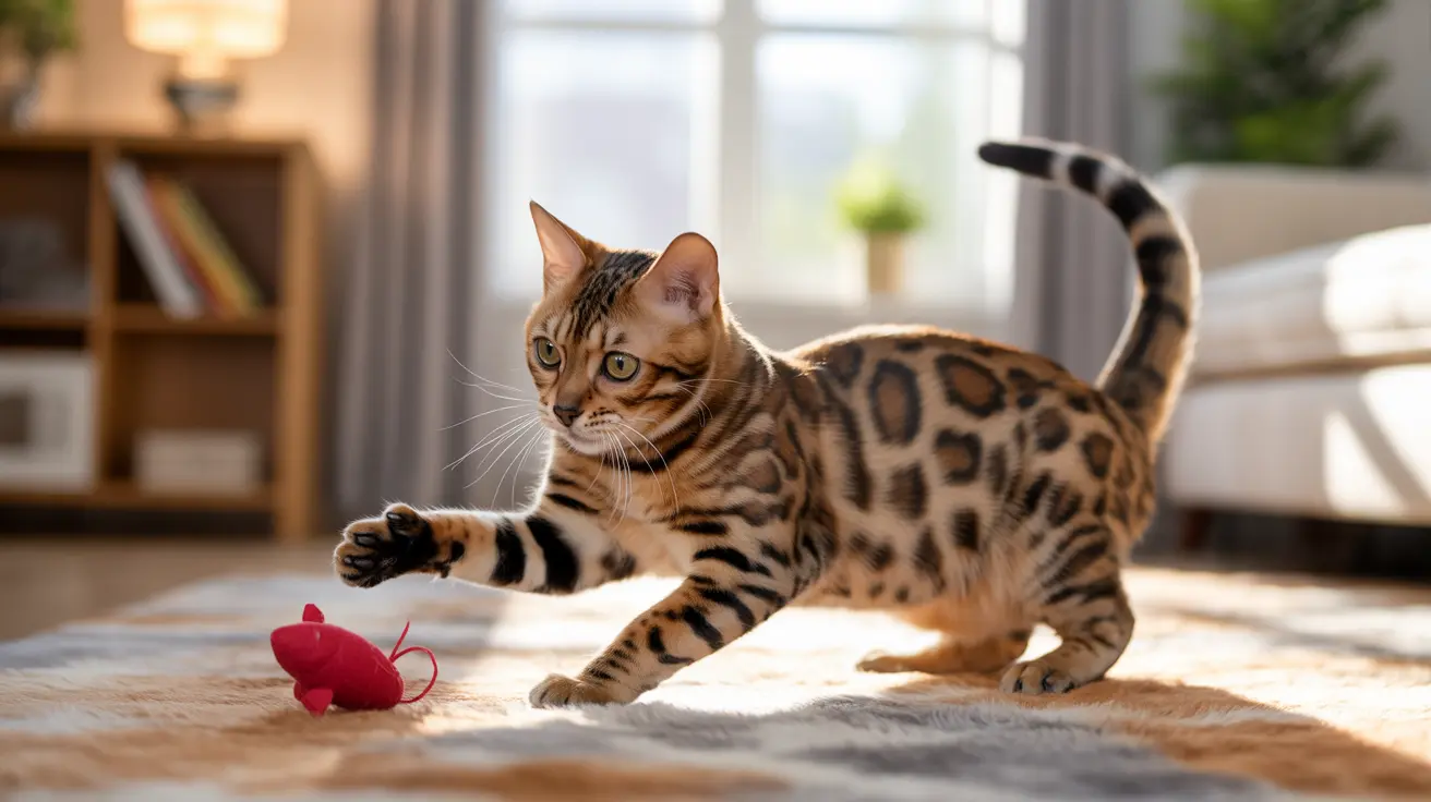 A Bengal cat playing with a red mouse toy on a carpet near a sunlit window