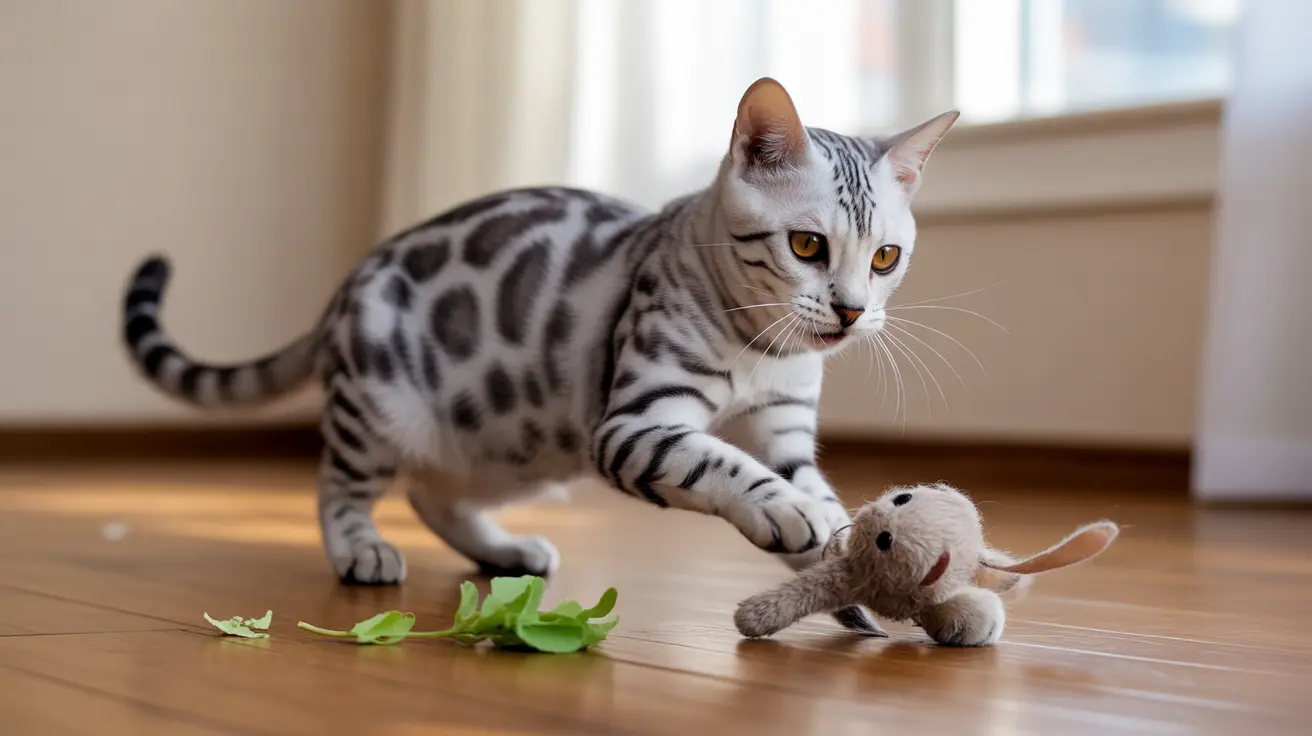Un gato bengalí plateado y negro jugando con un ratón de peluche sobre un suelo de madera.