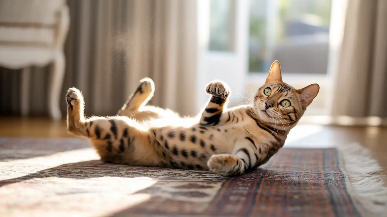 Un gato Bengalí tumbado de espaldas en una alfombra estampada, estirándose y disfrutando de la luz solar que entra por una ventana.