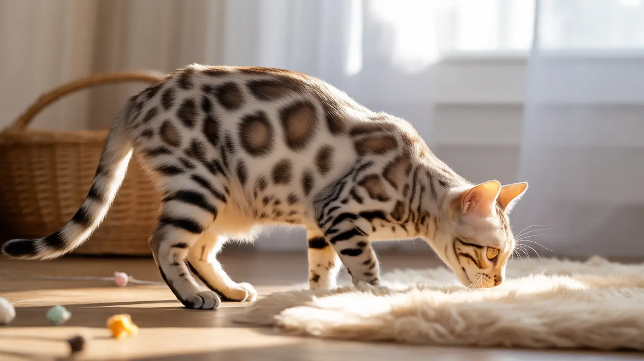 A Bengal cat playing with colorful toys on a rug near a basket in sunlight