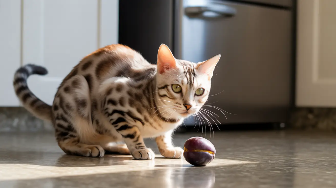 A Bengal cat sitting near a plum on a kitchen floor, looking alert and curious