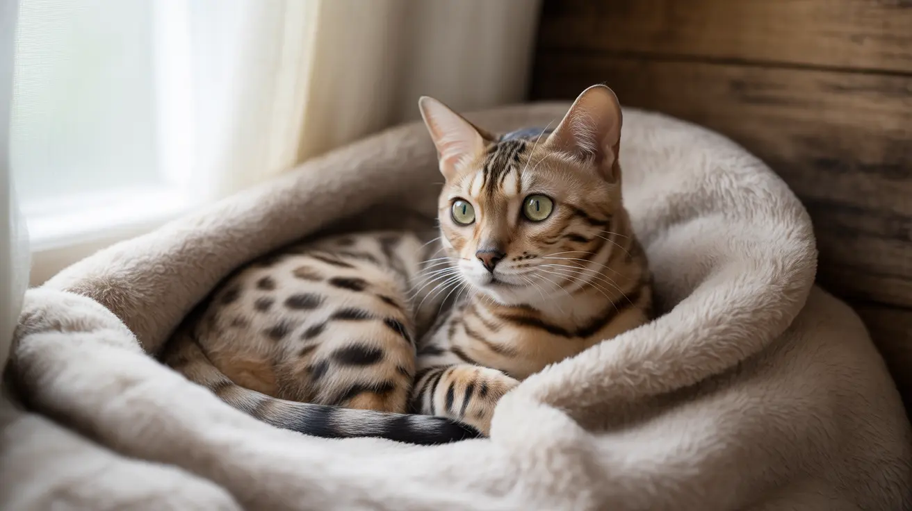 A Bengal cat resting comfortably in a soft, plush pet bed near a window.