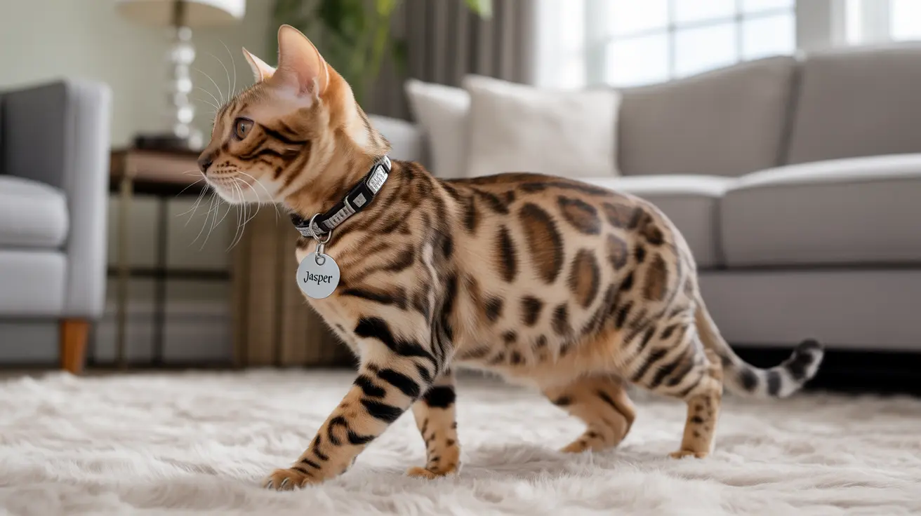 Bengal cat with a leopard-like spotted coat on a plush carpet