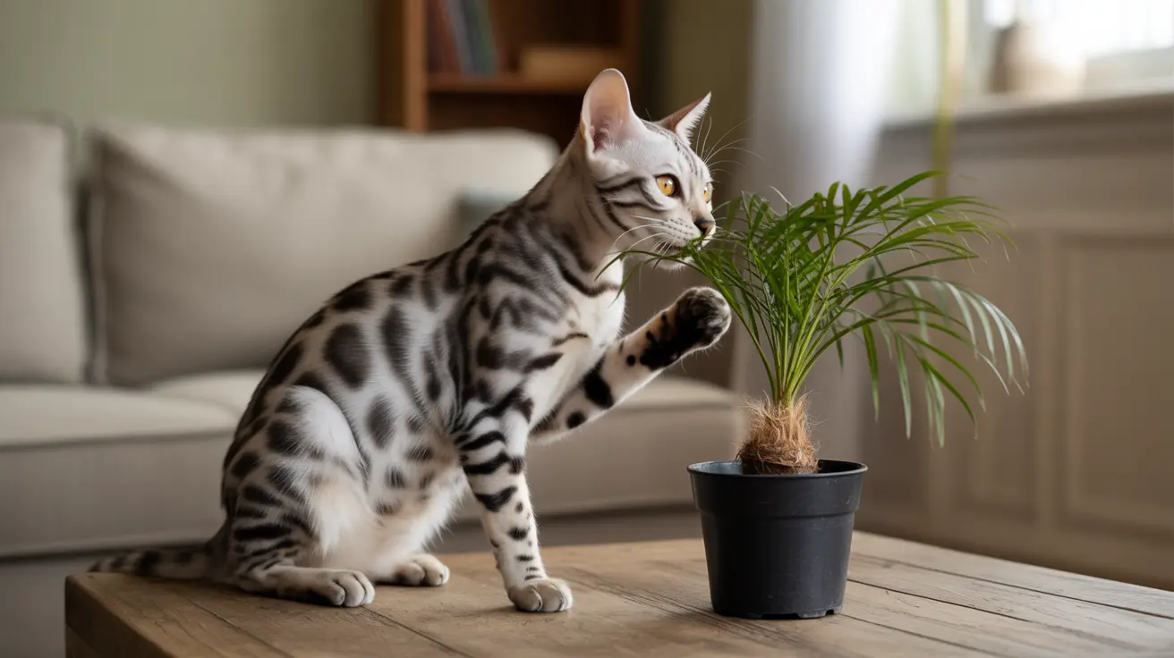 Bengal cat reaching towards small potted palm on a wooden surface