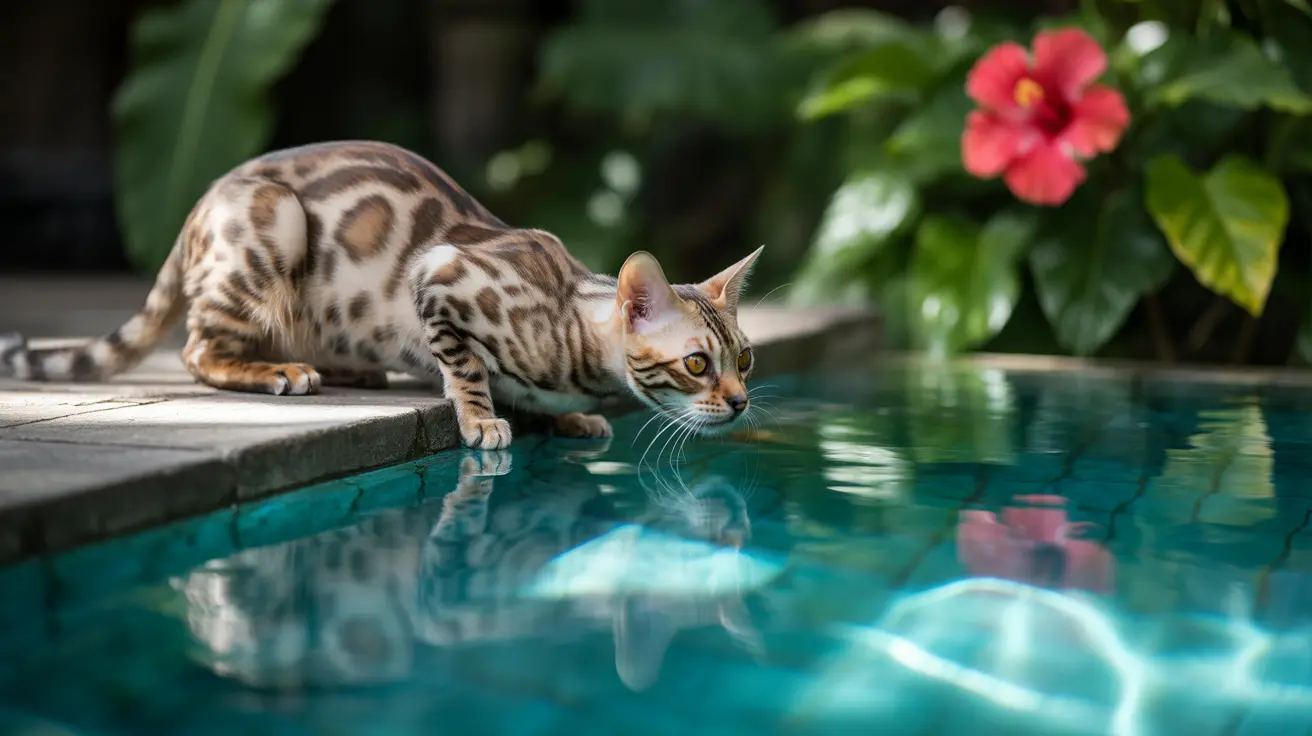 A Bengal cat crouching at the edge of a swimming pool, looking intently at its reflection in the turquoise water