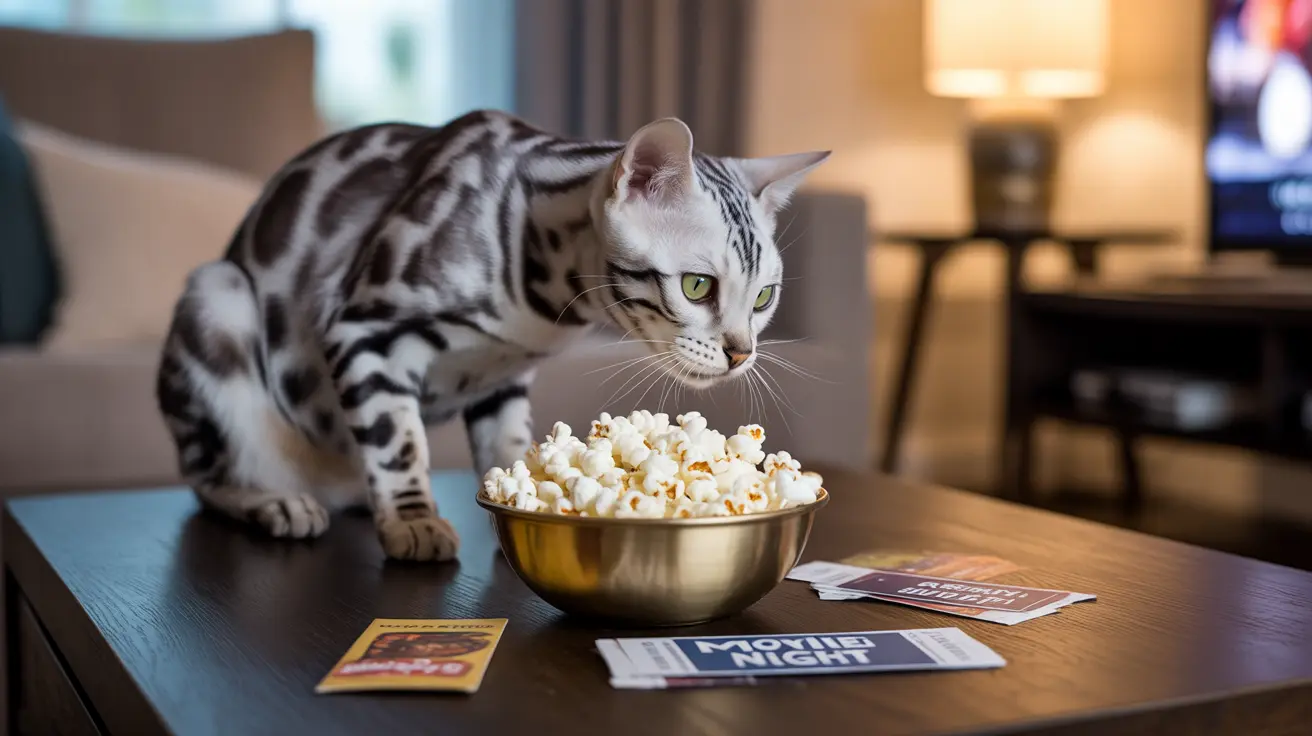 Un gato de Bengala sentado junto a un cuenco dorado de palomitas de maíz, mirando atentamente el aperitivo