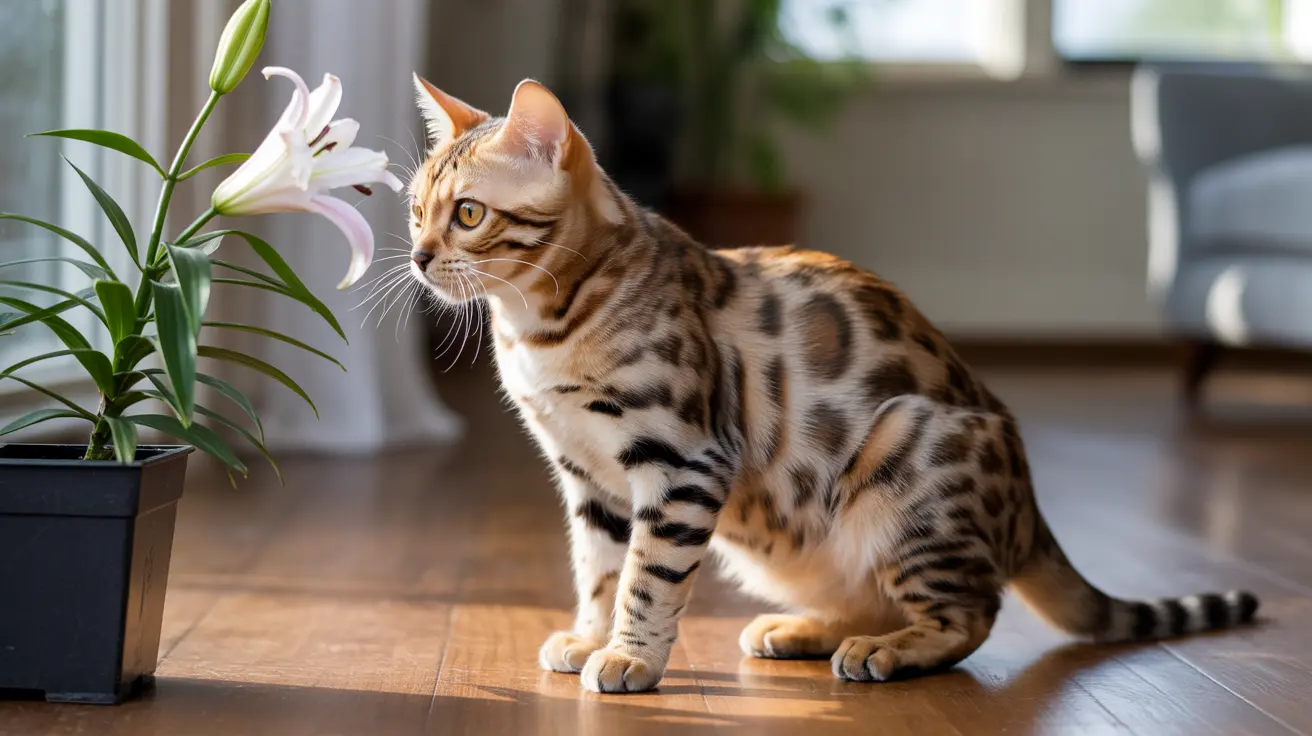 Bengal cat sitting near a potted lily plant on hardwood floor in a bright indoor room