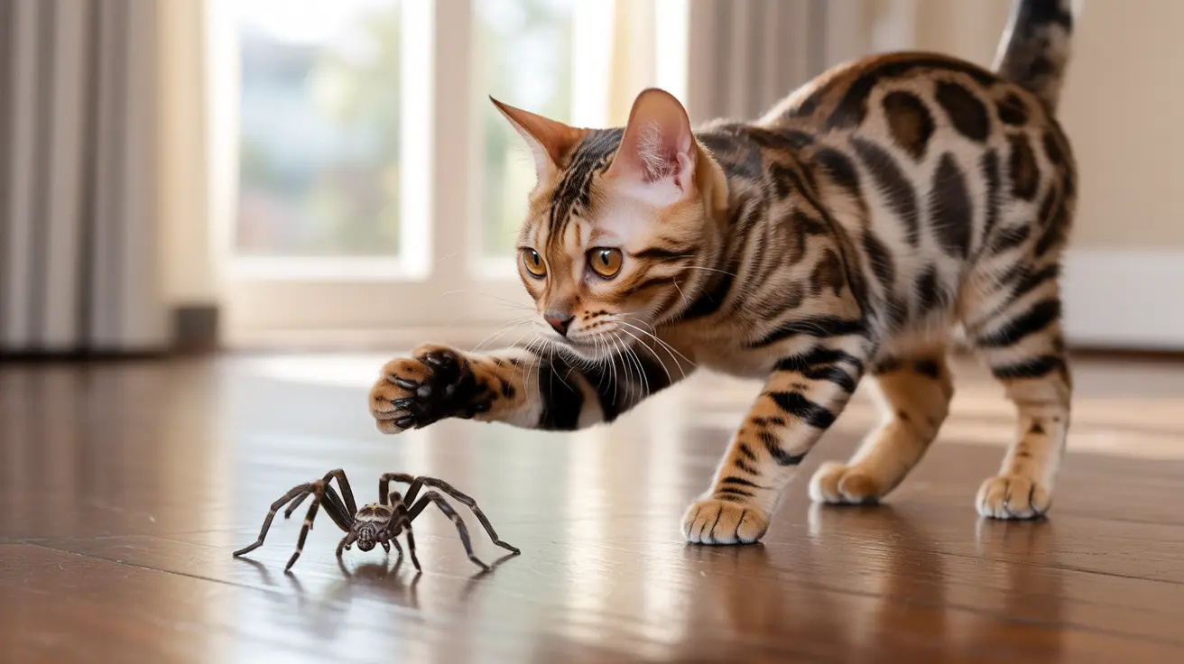 ベンガル猫が木の床で大きなクモに飛びかかろうと準備している様子