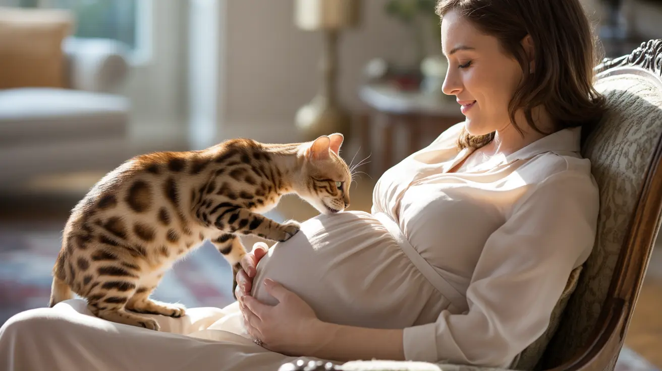 A Bengal cat interacting with a pregnant woman seated in a cozy armchair