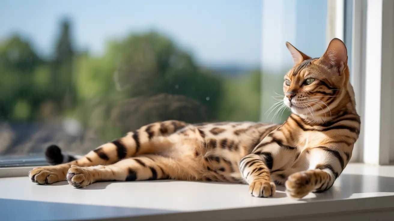 A Bengal cat lounging elegantly on a windowsill with a serene outdoor landscape in the background
