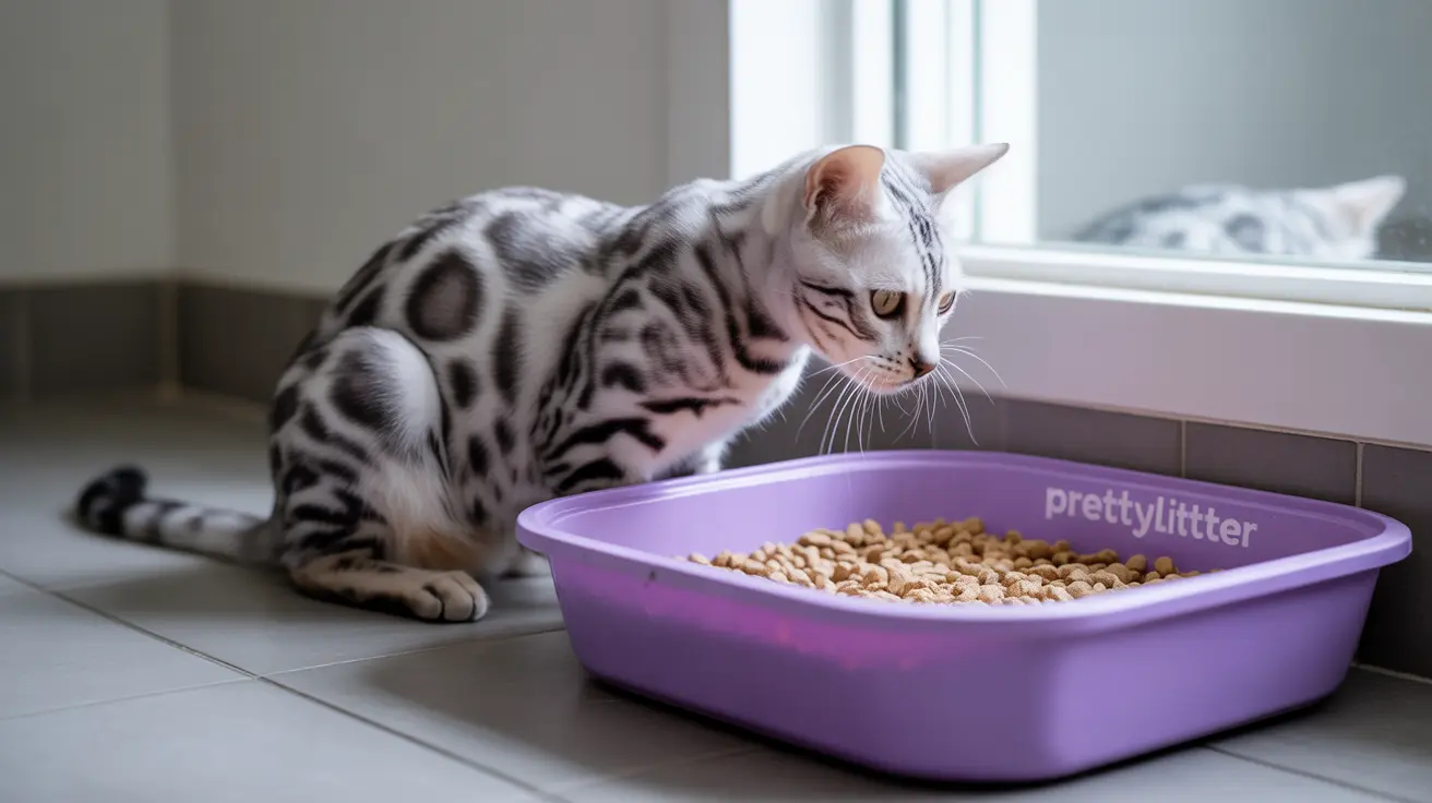 Silver and black spotted Bengal cat sitting next to a purple litter box near a window