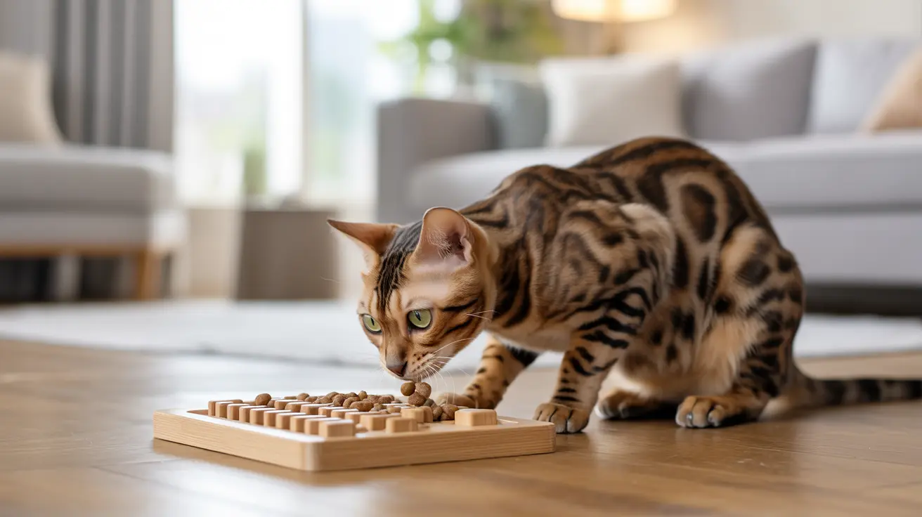 Bengal cat eating from a wooden puzzle-style feeding tray in a modern living room