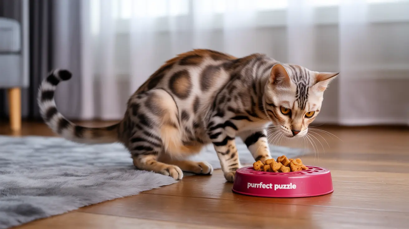 A Bengal cat with distinctive spotted fur eating from a pink 'purrfect puzzle' food bowl.